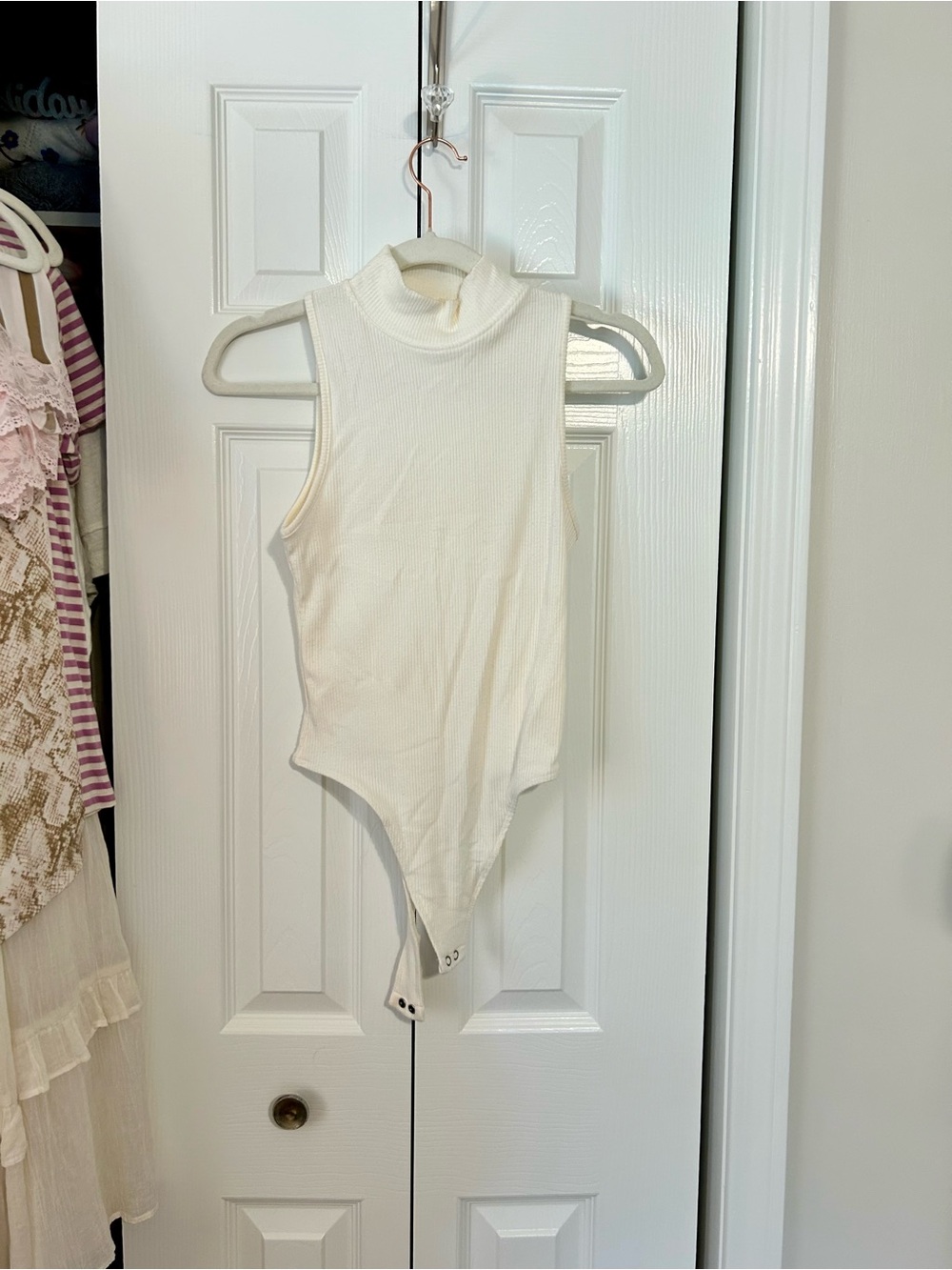 aerie White Ribbed Sleeveless Mock Neck One-Piece Bodysuit